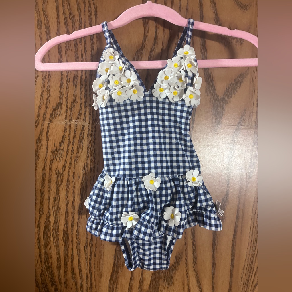 Little Me Blue And White Gingham Daisy One-Piece Swimsuit